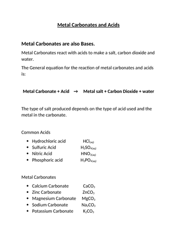 Metal Carbonates And Acids Teaching Resources