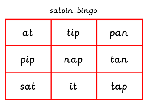 Phonics phase 2 satpin bingo