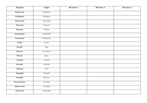 Spanish GCSE Adjective Revision Grid