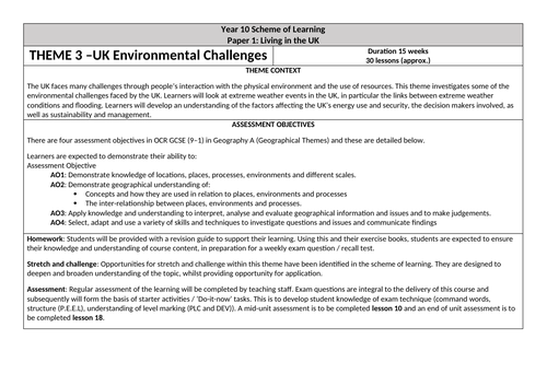 OCR GCSE 'UK Environmental Challenges' Scheme of Learning