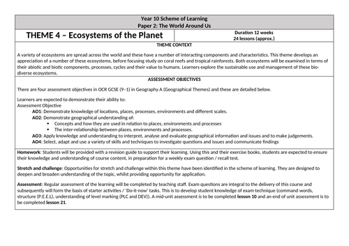 OCR GCSE 'Ecosystems of the Planet' Scheme of Learning