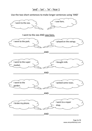 Year 1 - use of ‘and’, ‘in’ and ‘on’