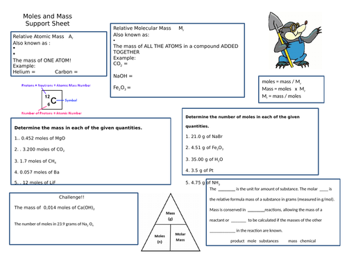 Moles Calculations Support Sheet