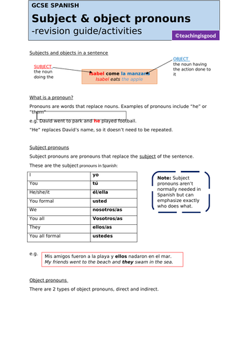 GCSE Spanish pronouns FULL REVISION GUIDE & ACTIVITIES