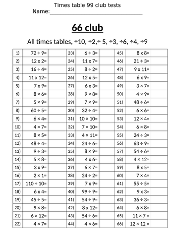 Times Table 99 Club Tests + Assessment Tool