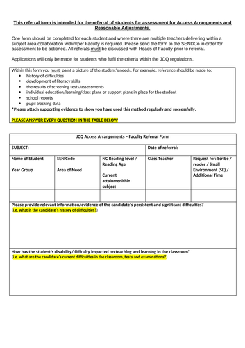 JCQ/SEND Exams Access Arrangements/ Reasonable Adjustments Referral Form and Exemplar