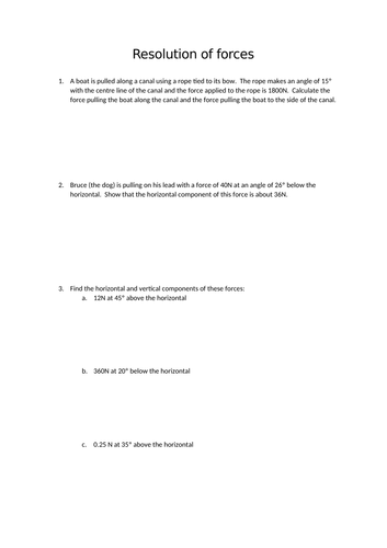 Resolution of forces worksheet
