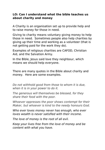 Key Stage 2 RE - What the Bible teaches us about Charity and Money.  2/3 lessons