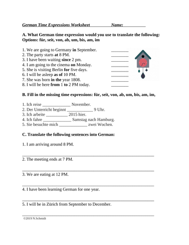 German Prepositions of Time Worksheet: für, seit, von, ab, um, bis, am, im