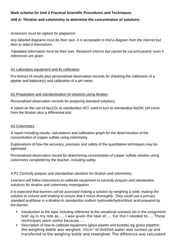 marking guidance BTEC Level 3 Applied Science unit 2 AIM A