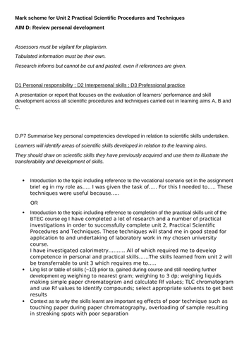 marking guidance BTEC Applied Science AIM D