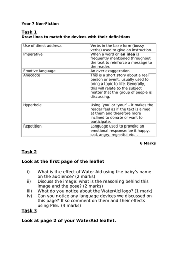 Low Ability Year 7 Non-Fiction WaterAid Leaflet Analysis