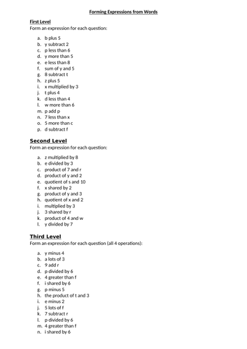 ALGEBRA - Writing Expressions From Words - DIFFERENTIATED