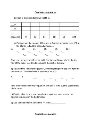 Scaffolded nth term quadratic sequence