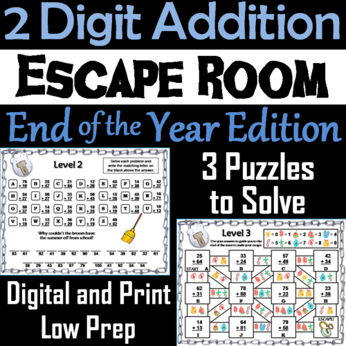 Double Digit Addition With and Without Regrouping: End of Year Escape Room Math