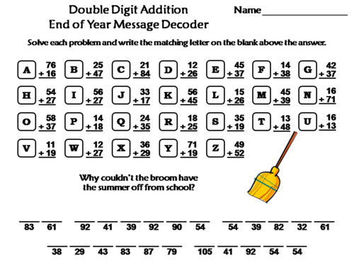 Double Digit Addition With Regrouping End of Year Math Activity: Message Decoder