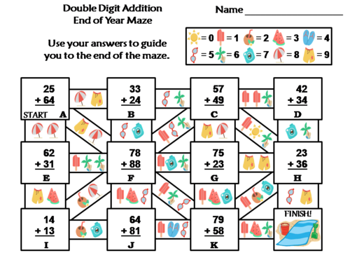 Double Digit Addition With and Without Regrouping End of Year Math Maze