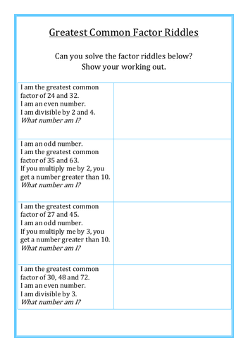 Greatest Common Factor Riddles