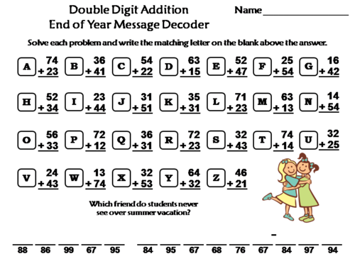Double Digit Addition Without Regrouping End of Year Math Activity