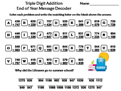 Triple Digit Addition With Regrouping End of Year Math Activity: Message Decoder