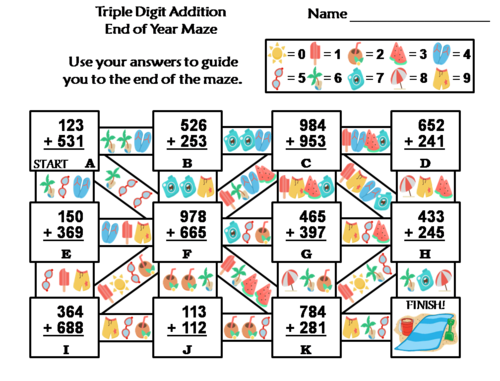 Triple Digit Addition With Regrouping End of Year/ Summer Math Maze