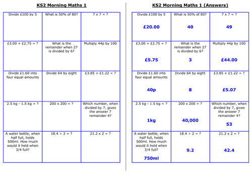 UKS2 Morning Maths Sheets (MA)