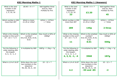 UKS2 Morning Maths Sheets (LA)