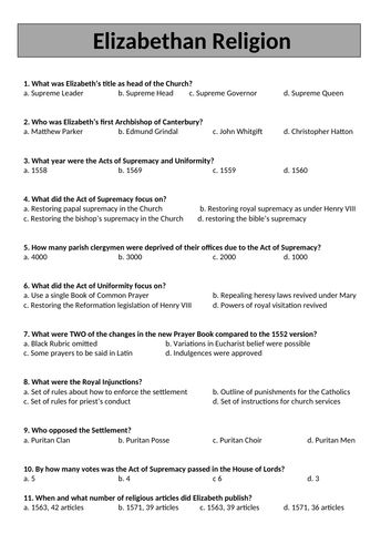 Elizabethan Religion Multiple Choice Quiz