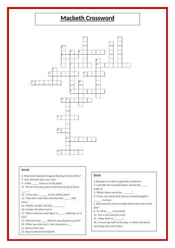 Challenging Macbeth Crossword - Quotes, themes, motifs