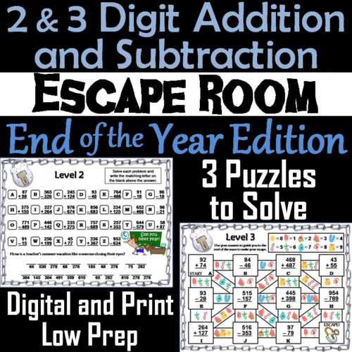 2 and 3 Digit Addition and Subtraction W & WO Regrouping Escape Room End of Year