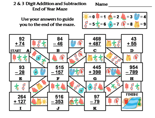 2 and 3 Digit Addition and Subtraction With Regrouping End of Year Math Maze