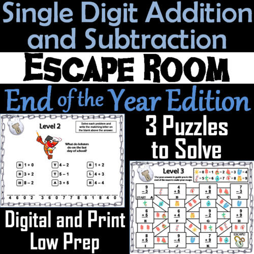 Single Digit Addition and Subtraction Game: End of Year Escape Room Math