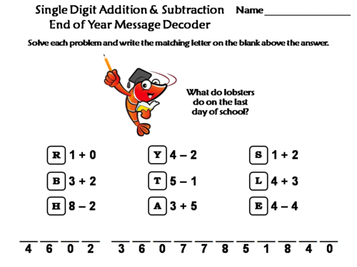Single Digit Addition and Subtraction End of Year Math Activity: Message Decoder