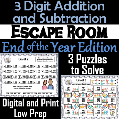 Triple Digit Addition and Subtraction Game: Math Escape Room End of Year/ Summer