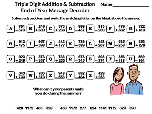 Triple Digit Addition & Subtraction End of Year Activity: Message Decoder