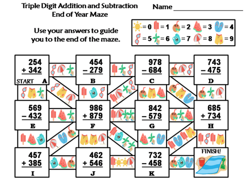 Triple Digit Addition & Subtraction End of Year/ Summer Math Maze