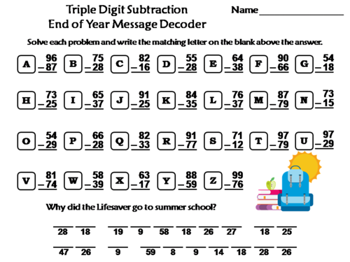 Double Digit Subtraction End of Year Math Activity: Message Decoder