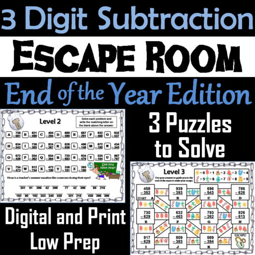 Triple Digit Subtraction With and Without Regrouping: End of Year Escape Room