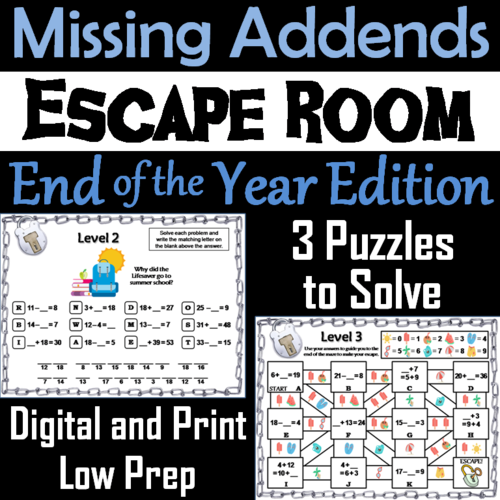 Missing Addends Addition and Subtraction Activity: End of Year Escape Room Math
