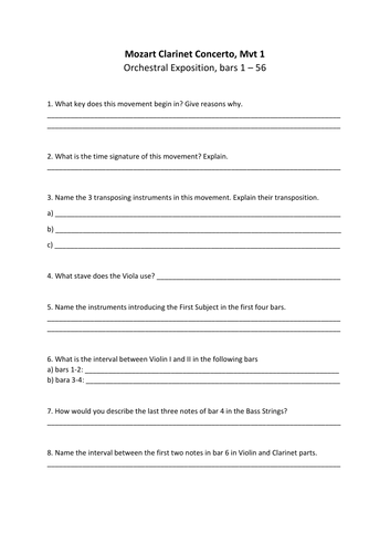 Mozart Clarinet Concerto Mvt 1 Worksheets