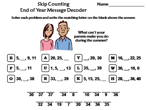 Skip Counting by 2, 3, 4, 5, 10 End of Year Math Activity: Message ...