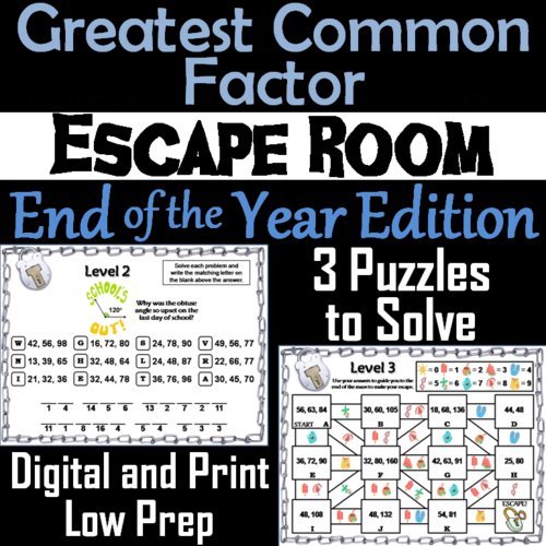End of Year Escape Room Math: Greatest Common Factor Game 4th 5th 6th 7th Grade