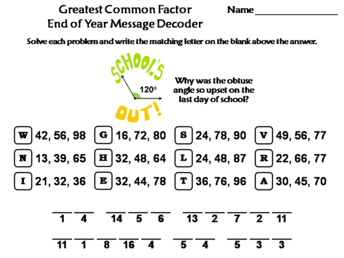 Greatest Common Factor End of Year Math Activity: Message Decoder