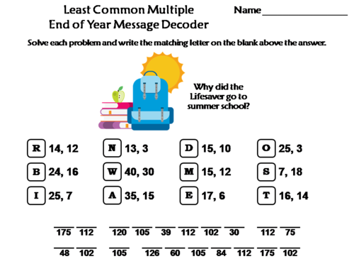 Least Common Multiple End of Year Math Activity: Message Decoder