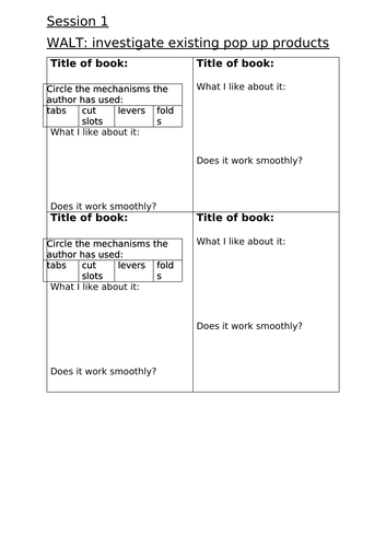 Session 1 Pop Up Books