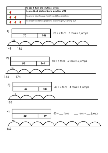 Adding 3 digits and (multiples of) tens differentiated worksheets - supports year 3 white rose