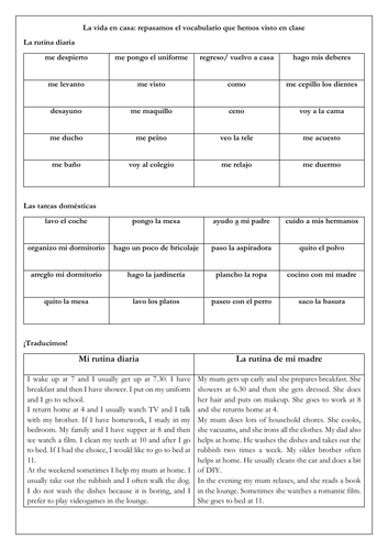 Spanish GCSE retrieval and revision of daily routine and household chores with revision