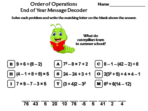 Order of Operations End of Year Math Activity: Message Decoder