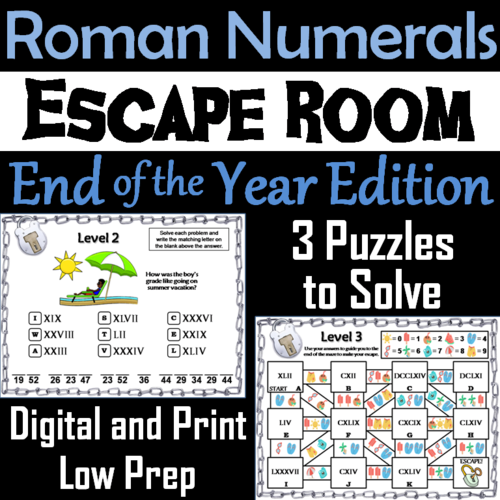 End of Year Escape Room Math: Roman Numerals Game (4th 5th 6th 7th Grade)