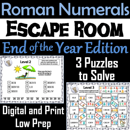 End Of Year Escape Room Math Roman Numerals Game 4th 5th 6th 7th Grade Teaching Resources